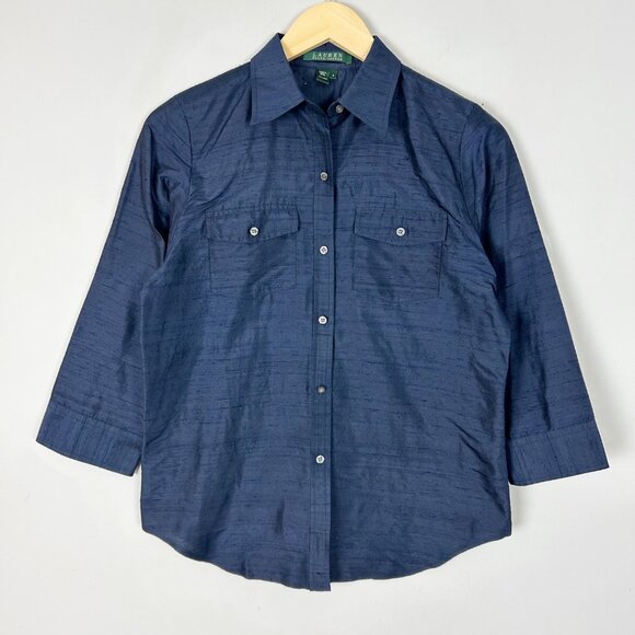 Lauren Ralph Lauren Navy Blue Silk Button Down Shirt Classic Size 4 Women's - Picture 1 of 3
